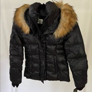 Girls Black Down Puffer Jacket Fur Trim Hood